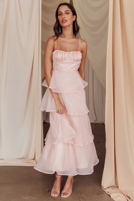 Ethereal Flared Square Neck Spaghetti Strap Tiered Organza Maxi Evening Dress
