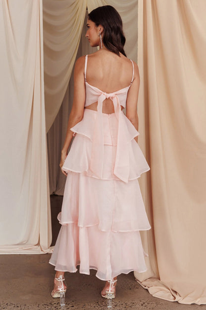 Ethereal Flared Square Neck Spaghetti Strap Tiered Organza Maxi Evening Dress