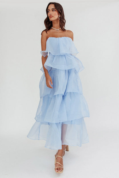 Ethereal Flared Strapless Tiered Organza Maxi Evening Dress