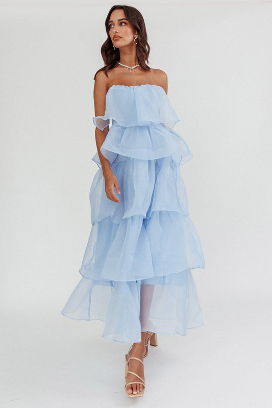 Ethereal Flared Strapless Tiered Organza Maxi Evening Dress