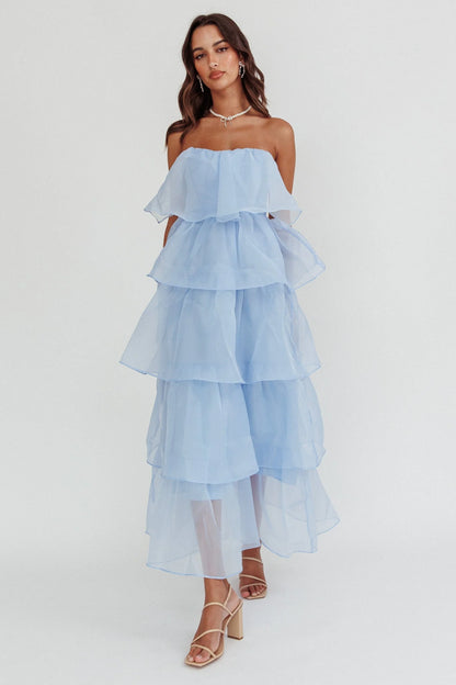 Ethereal Flared Strapless Tiered Organza Maxi Evening Dress