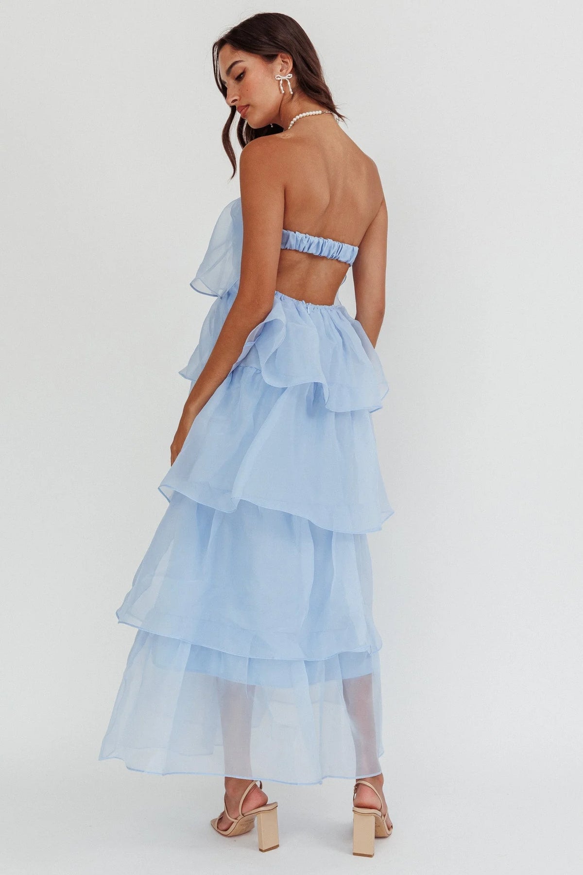 Ethereal Flared Strapless Tiered Organza Maxi Evening Dress