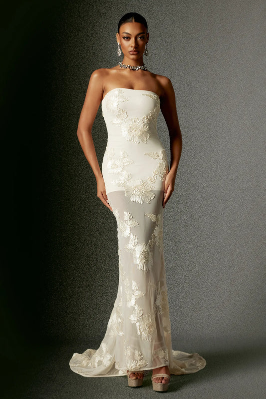 Ethereal Ivory Strapless with 3D Floral Applique and Sheer Mermaid Train Evening Dress