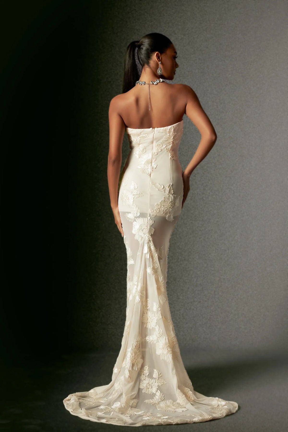 Ethereal Ivory Strapless with 3D Floral Applique and Sheer Mermaid Train Evening Dress