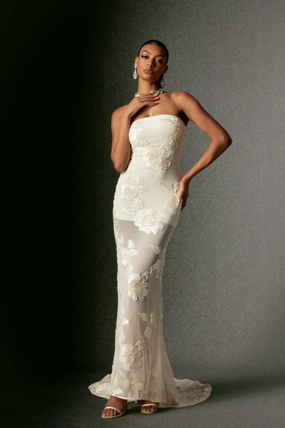Ethereal Ivory Strapless with 3D Floral Applique and Sheer Mermaid Train Evening Dress