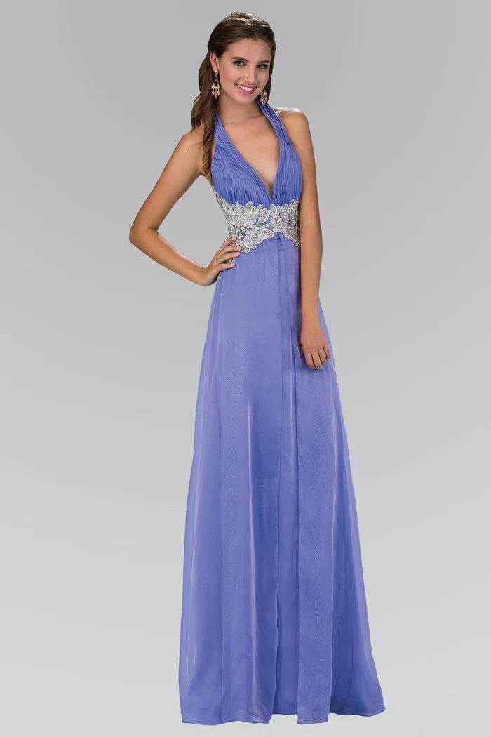 Ethereal Periwinkle Halter with Crystal Embellished Waist, Plunge V-Neck and Flowy A-Line Evening Dress