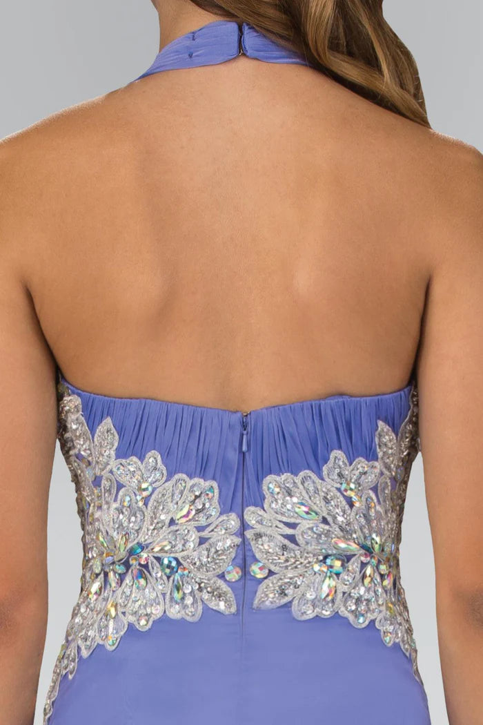 Ethereal Periwinkle Halter with Crystal Embellished Waist, Plunge V-Neck and Flowy A-Line Evening Dress