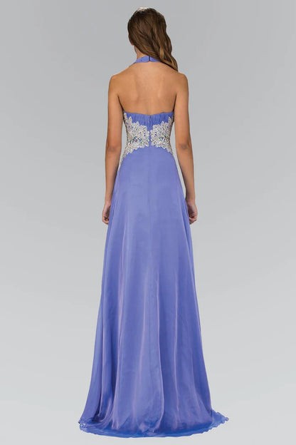 Ethereal Periwinkle Halter with Crystal Embellished Waist, Plunge V-Neck and Flowy A-Line Evening Dress