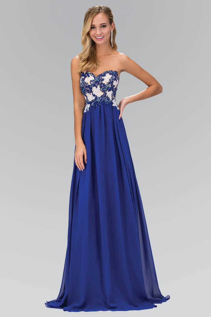Ethereal Royal Blue Strapless with Beaded Lace Applique Bodice and Flowy A-Line Evening Dress