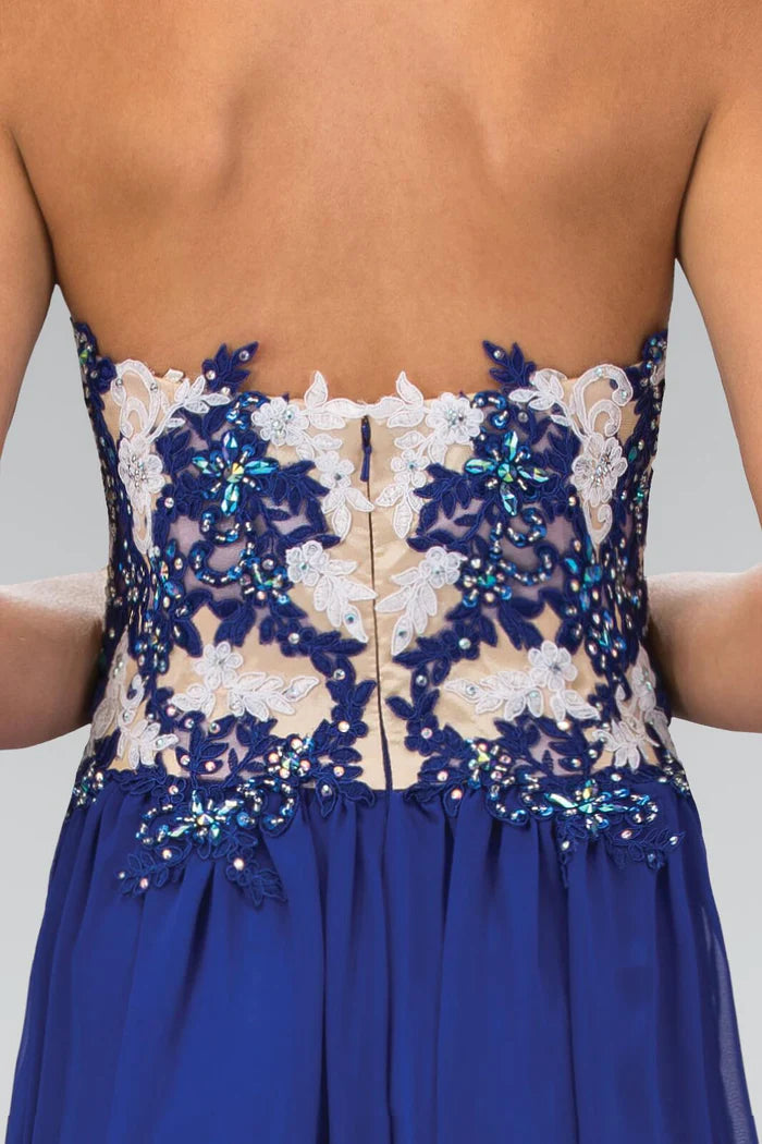 Ethereal Royal Blue Strapless with Beaded Lace Applique Bodice and Flowy A-Line Evening Dress