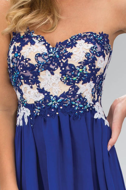 Ethereal Royal Blue Strapless with Beaded Lace Applique Bodice and Flowy A-Line Evening Dress