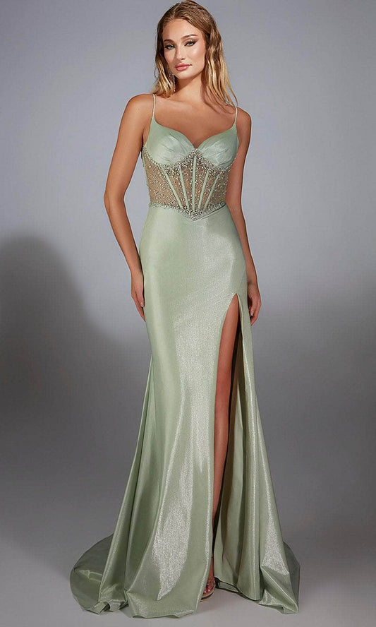 Ethereal Sage Green Satin Spaghetti Strap with Beaded Illusion Bodice and Lace-Up Back Evening Dress
