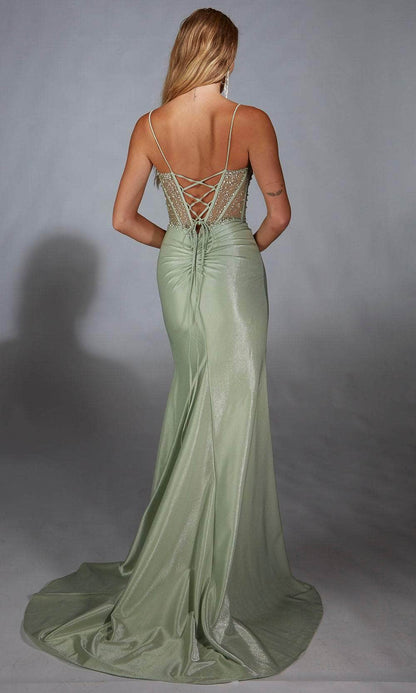 Ethereal Sage Green Satin Spaghetti Strap with Beaded Illusion Bodice and Lace-Up Back Evening Dress
