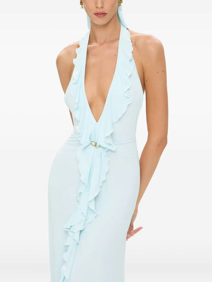 Ethereal Sky Blue Halter-Neck Ruffled Prom Dress