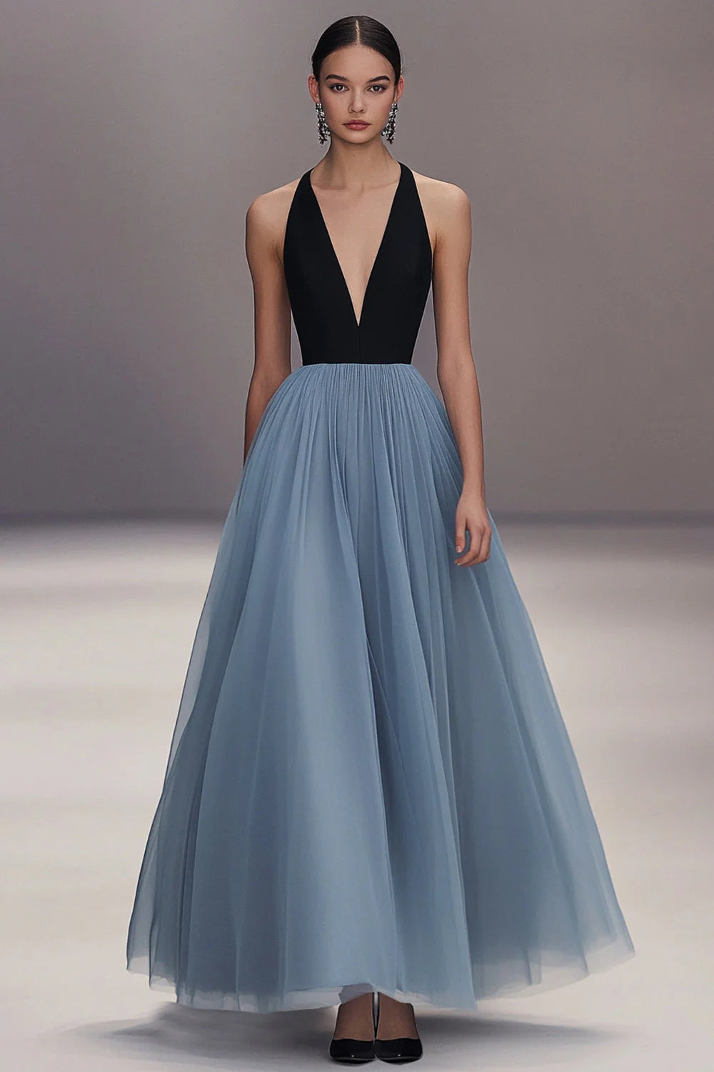 Ethereal Sky Blue Tulle Halter Black Bodice Ballgown Evening Dress