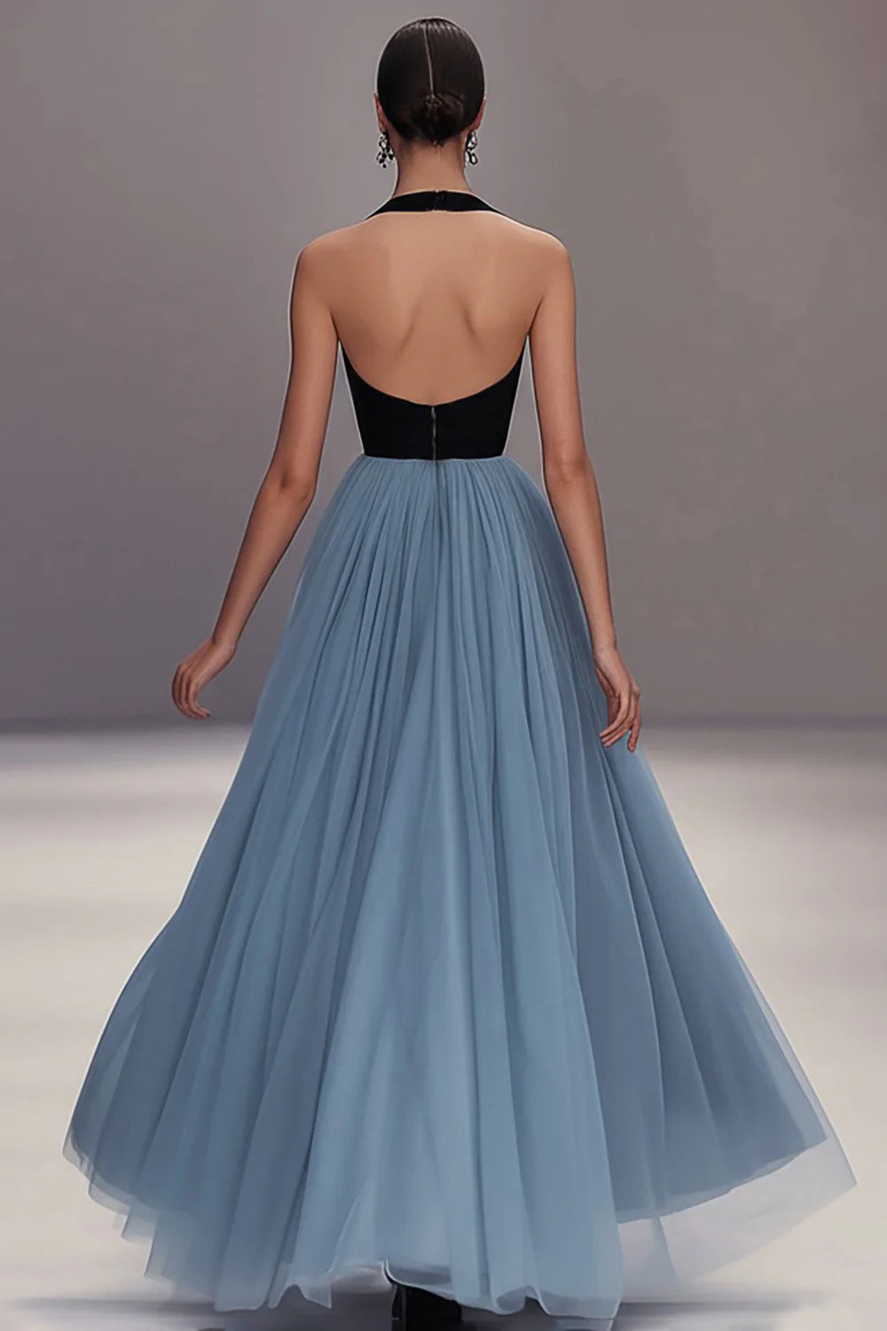 Ethereal Sky Blue Tulle Halter Black Bodice Ballgown Evening Dress