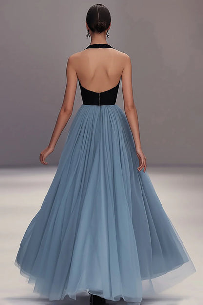 Ethereal Sky Blue Tulle Halter Black Bodice Ballgown Evening Dress