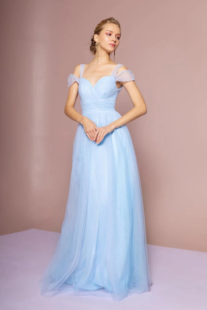 Ethereal Sky Blue Tulle Off-the-Shoulder with Sweetheart Neckline, Open V-Back and Flowy A-Line Evening Dress