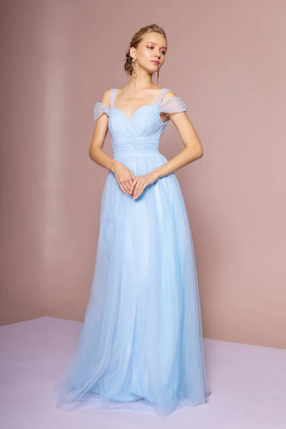 Ethereal Sky Blue Tulle Off-the-Shoulder with Sweetheart Neckline, Open V-Back and Flowy A-Line Evening Dress