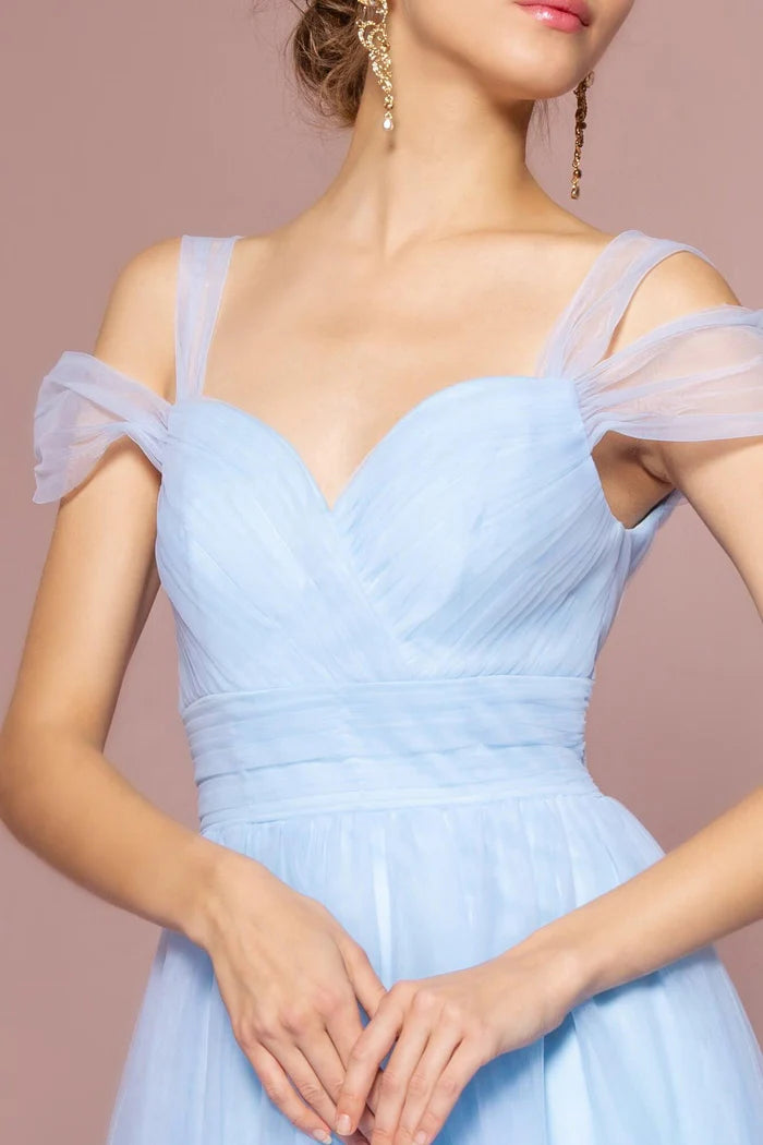 Ethereal Sky Blue Tulle Off-the-Shoulder with Sweetheart Neckline, Open V-Back and Flowy A-Line Evening Dress