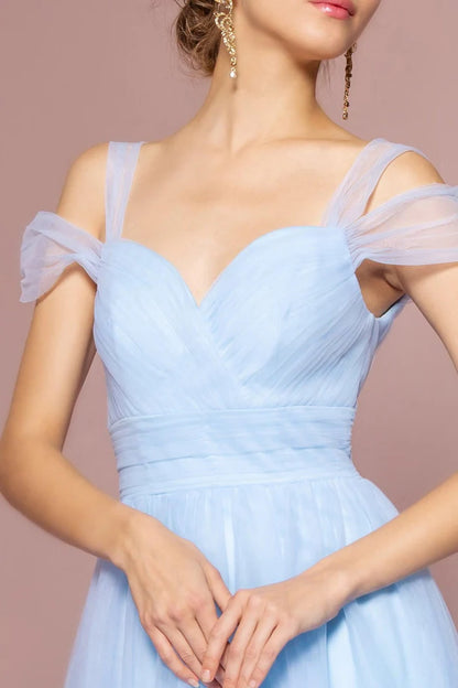 Ethereal Sky Blue Tulle Off-the-Shoulder with Sweetheart Neckline, Open V-Back and Flowy A-Line Evening Dress