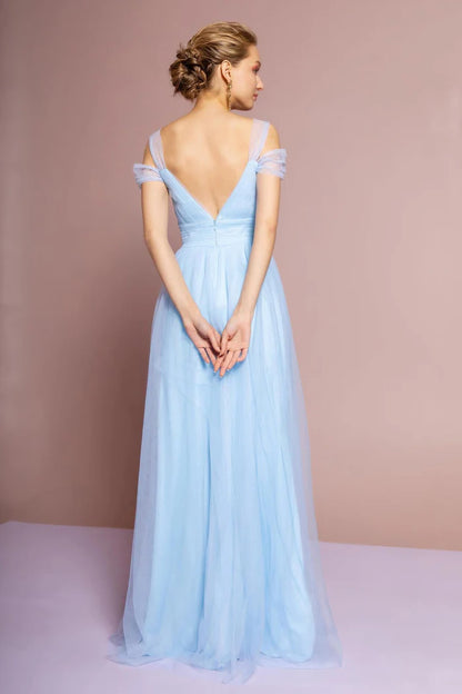 Ethereal Sky Blue Tulle Off-the-Shoulder with Sweetheart Neckline, Open V-Back and Flowy A-Line Evening Dress