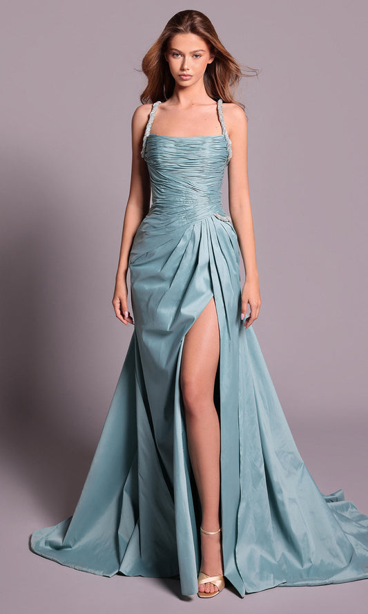 Ethereal Teal Satin Square Neck with Crystal Accent and Crisscross Open Back Evening Dress