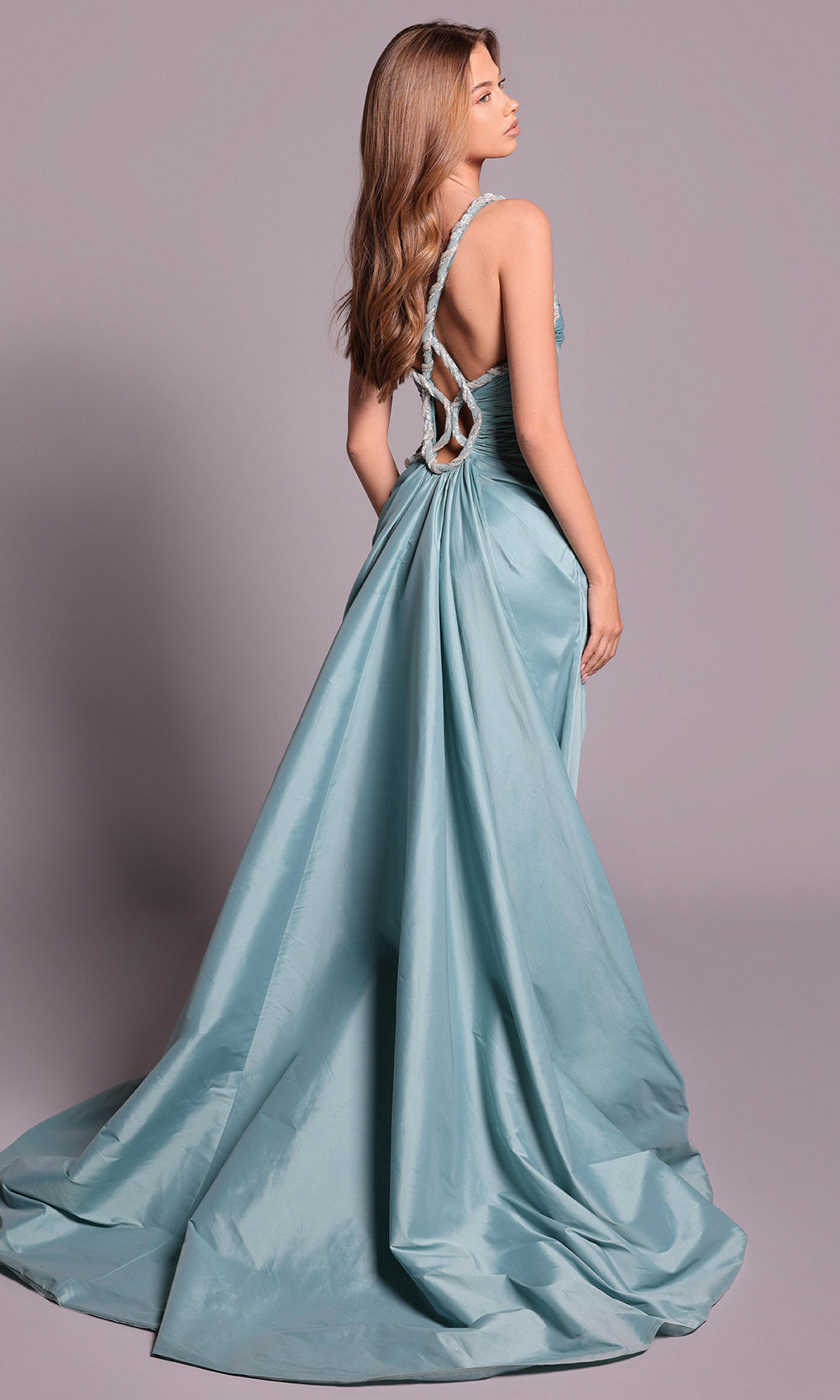 Ethereal Teal Satin Square Neck with Crystal Accent and Crisscross Open Back Evening Dress