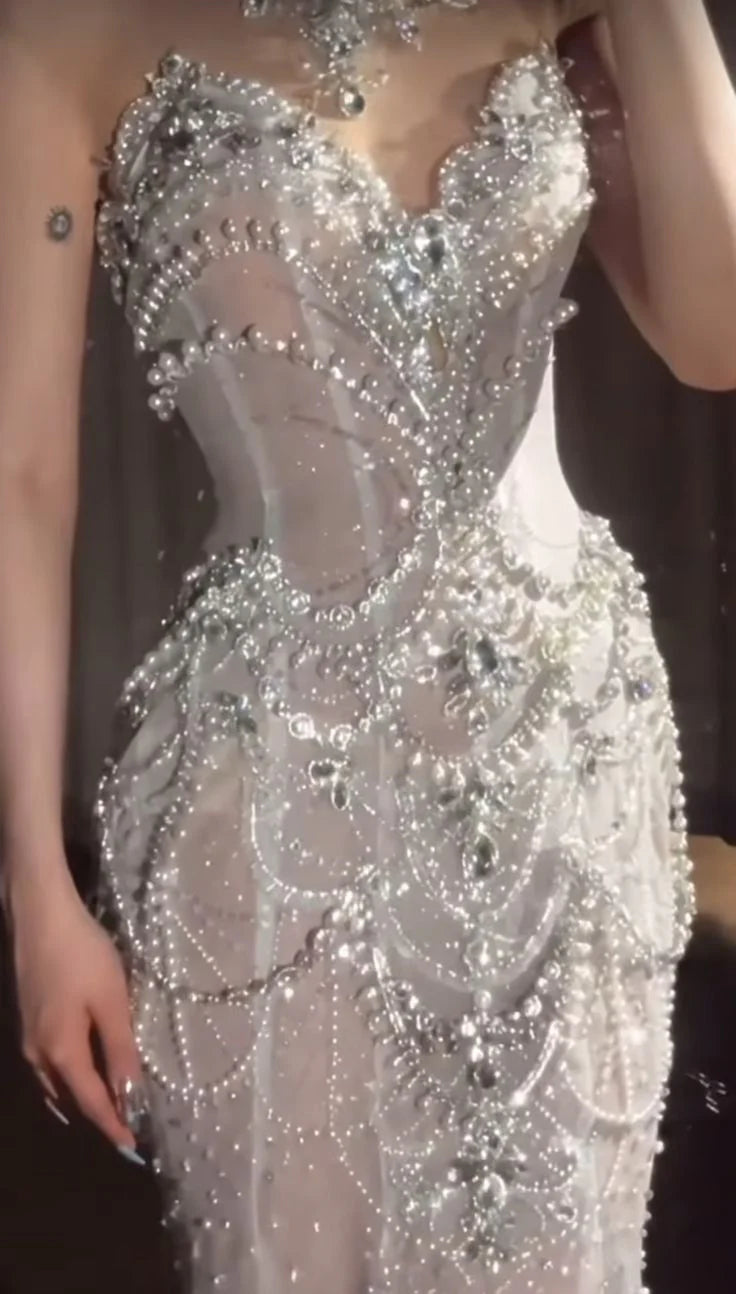 Ethereal White Strapless Sweetheart All-Over Rhinestone Embellished Mermaid Train Wedding Dress with Feather Cape