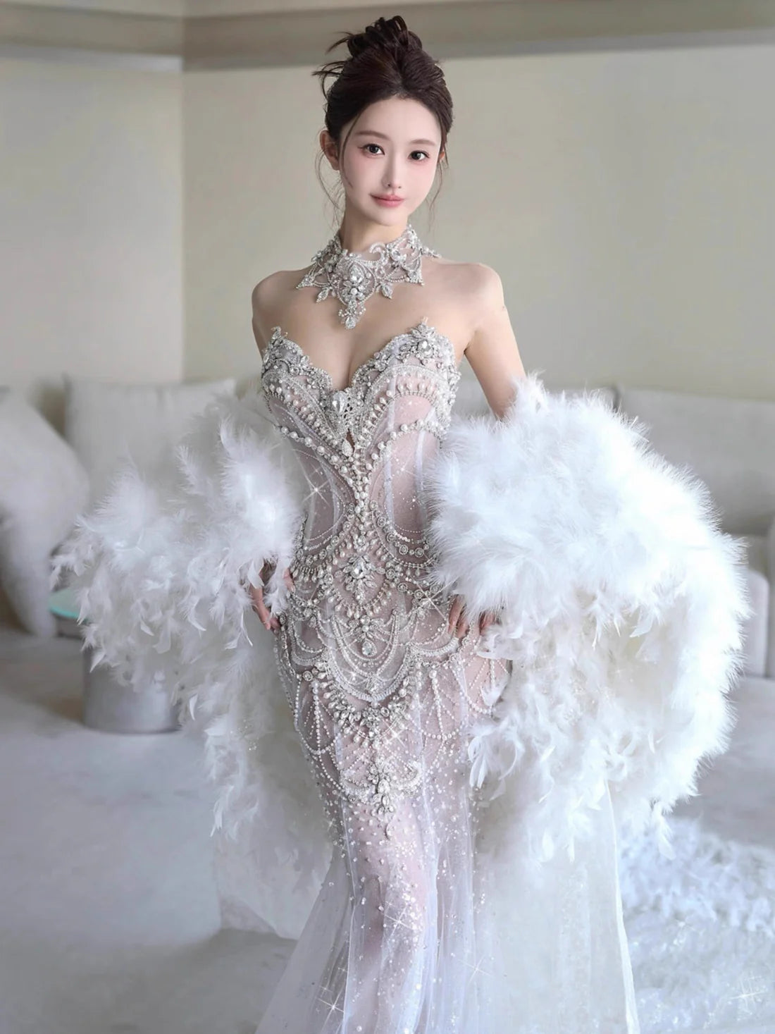 Ethereal White Strapless Sweetheart All-Over Rhinestone Embellished Mermaid Train Wedding Dress with Feather Cape