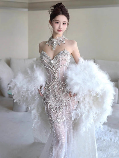 Ethereal White Strapless Sweetheart All-Over Rhinestone Embellished Mermaid Train Wedding Dress with Feather Cape