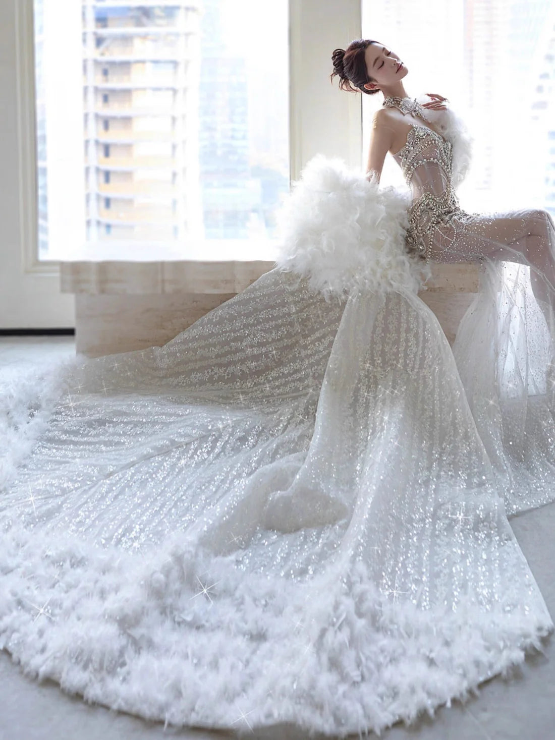 Ethereal White Strapless Sweetheart All-Over Rhinestone Embellished Mermaid Train Wedding Dress with Feather Cape