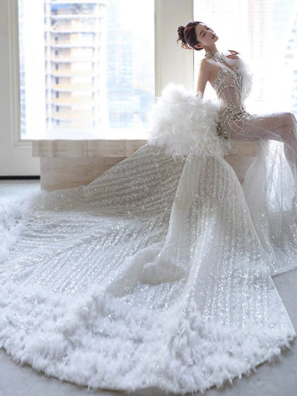 Ethereal White Strapless Sweetheart All-Over Rhinestone Embellished Mermaid Train Wedding Dress with Feather Cape