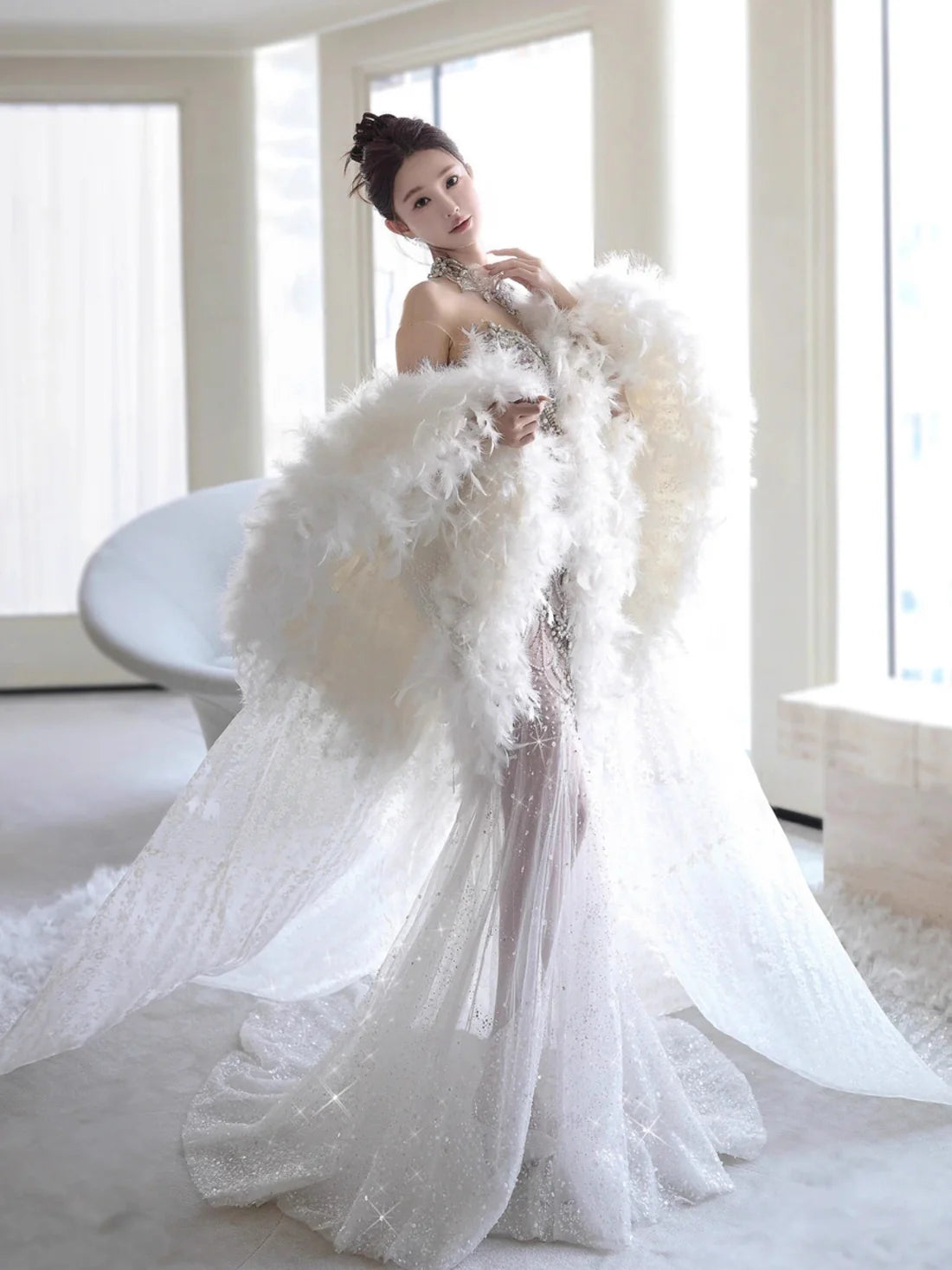 Ethereal White Strapless Sweetheart All-Over Rhinestone Embellished Mermaid Train Wedding Dress with Feather Cape