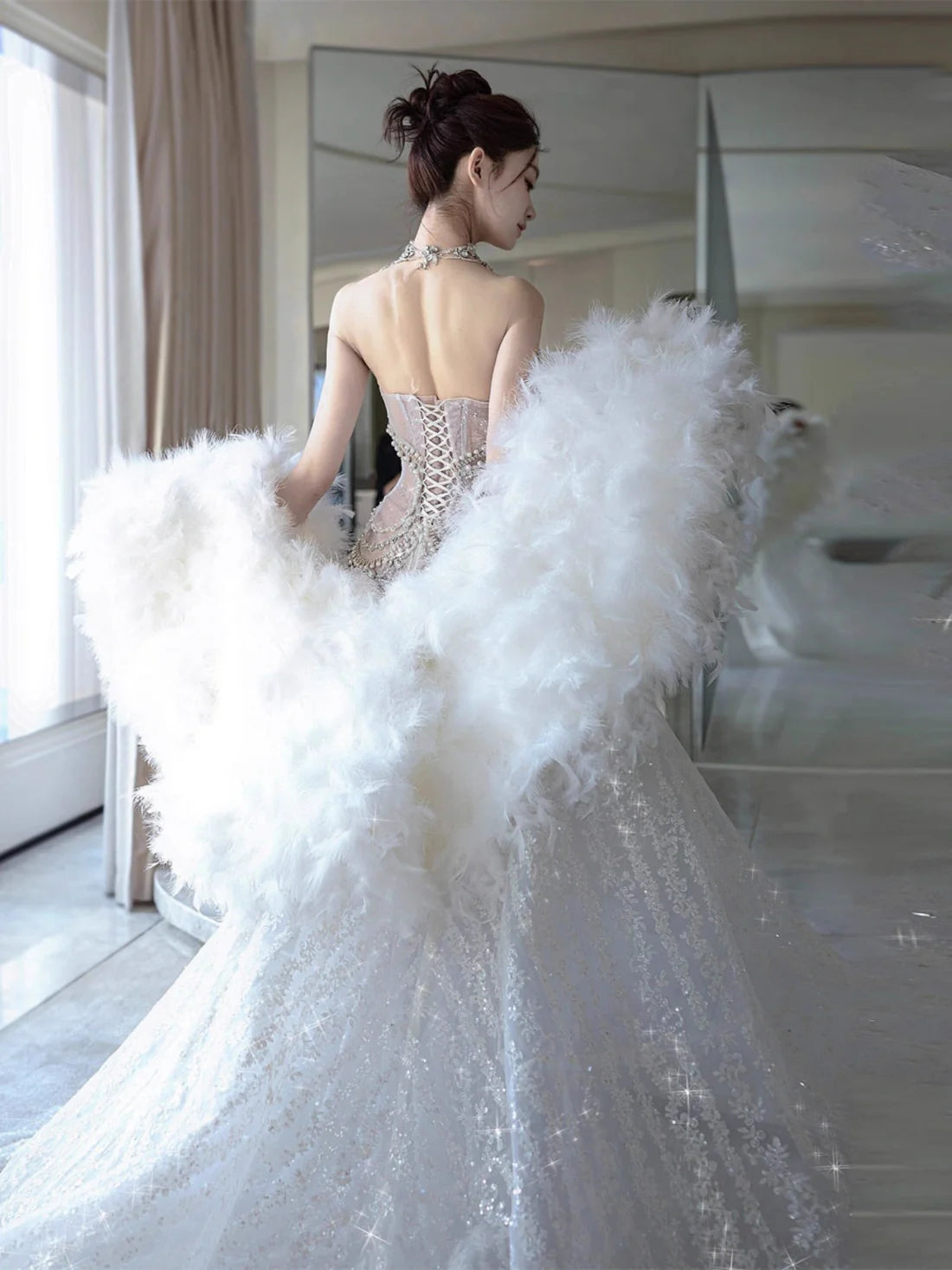 Ethereal White Strapless Sweetheart All-Over Rhinestone Embellished Mermaid Train Wedding Dress with Feather Cape