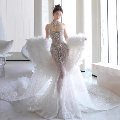 Ethereal White Strapless Sweetheart All-Over Rhinestone Embellished Mermaid Train Wedding Dress with Feather Cape