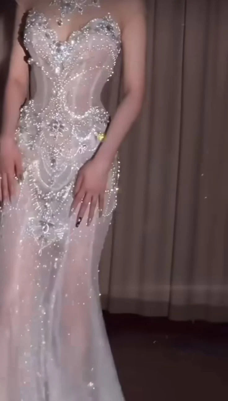 Ethereal White Strapless Sweetheart All-Over Rhinestone Embellished Mermaid Train Wedding Dress with Feather Cape