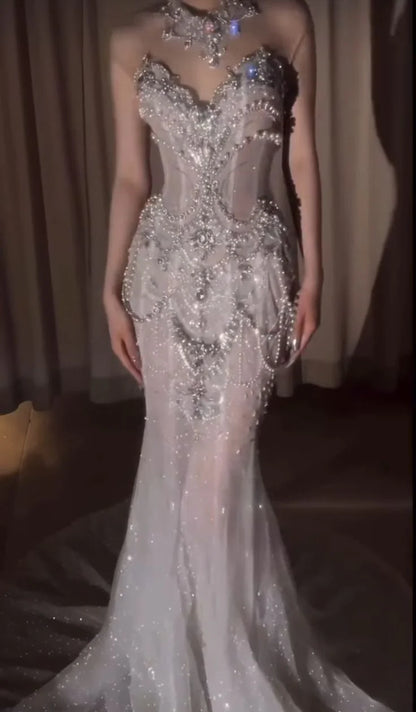Ethereal White Strapless Sweetheart All-Over Rhinestone Embellished Mermaid Train Wedding Dress with Feather Cape