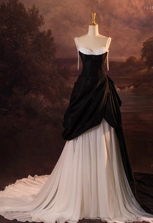 Evening Dress Spaghetti Strap Black White Contrast Ball Gown with Corset Bodice Ruffled Bust Detail and Asymmetrical Draped Skirt