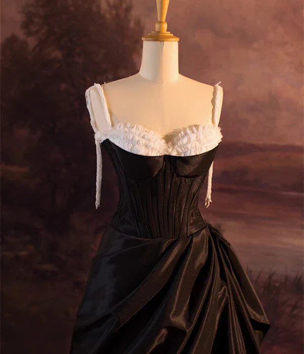 Evening Dress Spaghetti Strap Black White Contrast Ball Gown with Corset Bodice Ruffled Bust Detail and Asymmetrical Draped Skirt