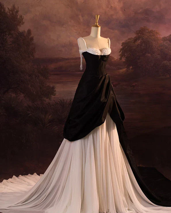 Evening Dress Spaghetti Strap Black White Contrast Ball Gown with Corset Bodice Ruffled Bust Detail and Asymmetrical Draped Skirt