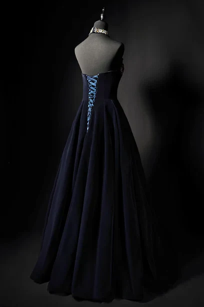Evening Dress Strapless Navy Blue Velvet Ball Gown with Gold Floral Beading Lace-Up Back and Matching Crystal Choker