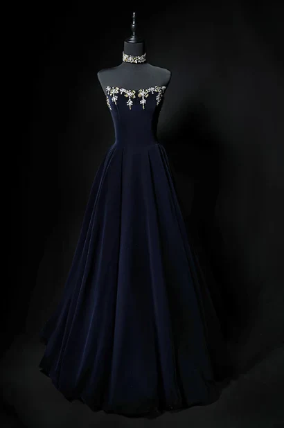 Evening Dress Strapless Navy Blue Velvet Ball Gown with Gold Floral Beading Lace-Up Back and Matching Crystal Choker