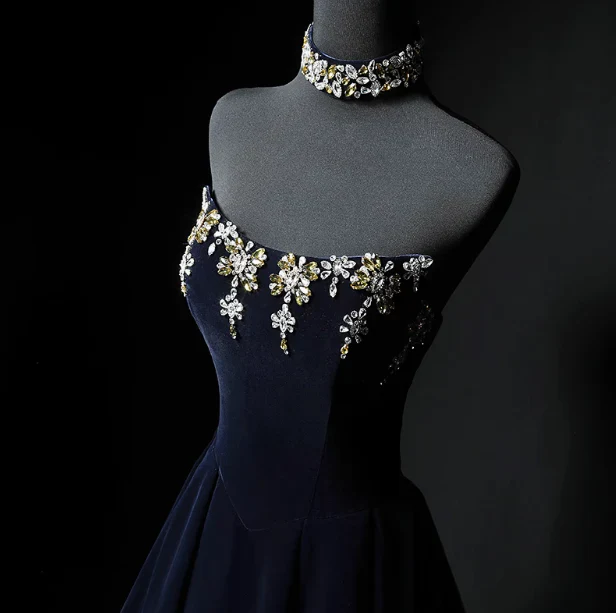 Evening Dress Strapless Navy Blue Velvet Ball Gown with Gold Floral Beading Lace-Up Back and Matching Crystal Choker