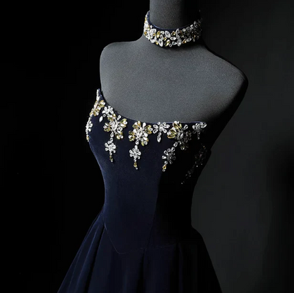 Evening Dress Strapless Navy Blue Velvet Ball Gown with Gold Floral Beading Lace-Up Back and Matching Crystal Choker