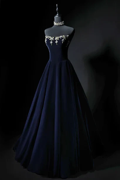 Evening Dress Strapless Navy Blue Velvet Ball Gown with Gold Floral Beading Lace-Up Back and Matching Crystal Choker