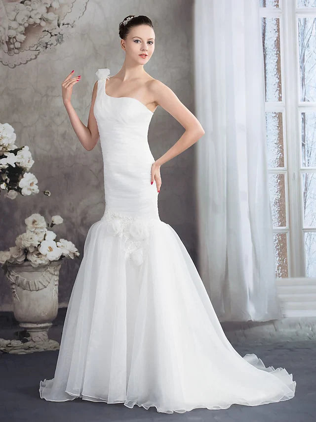 Wedding Dresses One Shoulder Court Train Organza Spaghetti Strap with Ruched Pleats Sequin Appliques