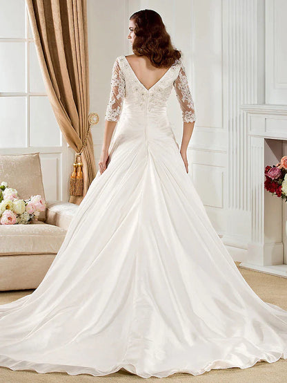 Ball Gown Wedding Dresses V Neck Chapel Train Taffeta Half Sleeve See-Through with Ruched Beading Appliques