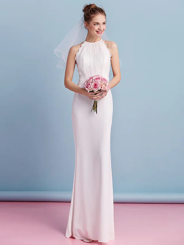 Wedding Dresses Jewel Neck Floor Length Chiffon Lace Regular Straps Floral Lace with Lace Sash Ribbonc