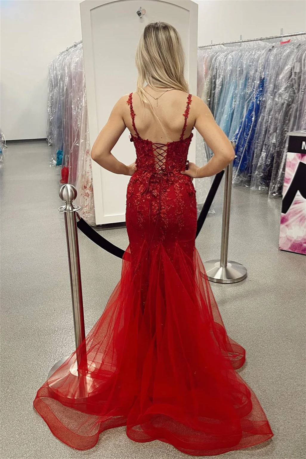 Sheath Mermaid  Sweep/Brush Train Dresses 3D Flowers Straps V Neck Long Prom Dress